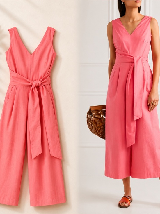 J. Crew Pants - J. Crew Wrap Tie Sash V-Neck Pink Coral Poplin Wide Leg Jumpsuit Size 4